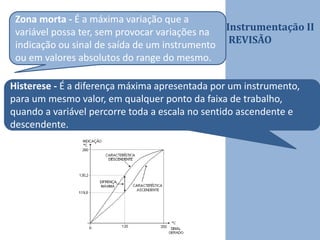 Instrumentação II
REVISÃO
Zona morta - É a máxima variação que a
variável possa ter, sem provocar variações na
indicação ou sinal de saída de um instrumento
ou em valores absolutos do range do mesmo.
Histerese - É a diferença máxima apresentada por um instrumento,
para um mesmo valor, em qualquer ponto da faixa de trabalho,
quando a variável percorre toda a escala no sentido ascendente e
descendente.
 