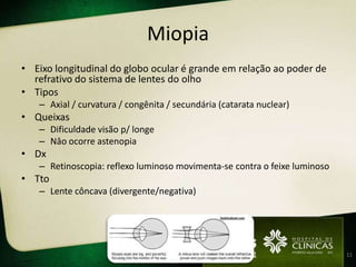 Miopia
• Eixo longitudinal do globo ocular é grande em relação ao poder de
  refrativo do sistema de lentes do olho
• Tipos
   – Axial / curvatura / congênita / secundária (catarata nuclear)
• Queixas
   – Dificuldade visão p/ longe
   – Nâo ocorre astenopia
• Dx
   – Retinoscopia: reflexo luminoso movimenta-se contra o feixe luminoso
• Tto
   – Lente côncava (divergente/negativa)




                                                                           11
 
