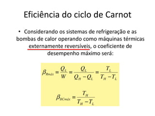 Eficiência do ciclo de Carnot
 • Considerando os sistemas de refrigeração e as
bombas de calor operando como máquinas térmicas
    externamente reversíveis, o coeficiente de
            desempenho máximo será:
 