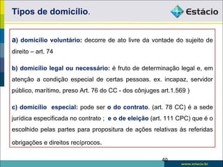 Tipos de domicílio.


a) domicílio voluntário: decorre de ato livre da vontade do sujeito de
direito – art. 74

b) domicílio legal ou necessário: é fruto de determinação legal e, em
atenção a condição especial de certas pessoas. ex. incapaz, servidor
público, marítimo, preso Art. 76 do CC - dos cônjuges art.1.569 )

c) domicílio especial: pode ser o do contrato. (art. 78 CC) é a sede
jurídica especificada no contrato ; e o de eleição (art. 111 CPC) que é o
escolhido pelas partes para propositura de ações relativas às referidas

obrigações e direitos recíprocos.

                                                      40
 
