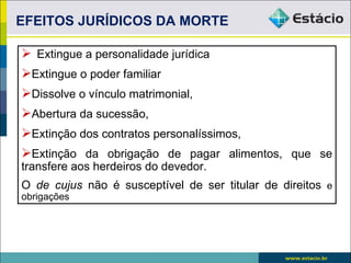 EFEITOS JURÍDICOS DA MORTE

 Extingue a personalidade jurídica
Extingue o poder familiar
Dissolve o vínculo matrimonial,
Abertura da sucessão,
Extinção dos contratos personalíssimos,
Extinção da obrigação de pagar alimentos, que se
transfere aos herdeiros do devedor.
O de cujus não é susceptível de ser titular de direitos e
obrigações
 