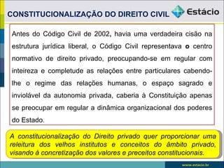 CONSTITUCIONALIZAÇÃO DO DIREITO CIVIL

 Antes do Código Civil de 2002, havia uma verdadeira cisão na
 estrutura jurídica liberal, o Código Civil representava o centro
 normativo de direito privado, preocupando-se em regular com
 inteireza e completude as relações entre particulares cabendo-
 lhe o regime das relações humanas, o espaço sagrado e
 inviolável da autonomia privada, caberia à Constituição apenas
 se preocupar em regular a dinâmica organizacional dos poderes
 do Estado.

A constitucionalização do Direito privado quer proporcionar uma
releitura dos velhos institutos e conceitos do âmbito privado,
visando à concretização dos valores e preceitos constitucionais.
 