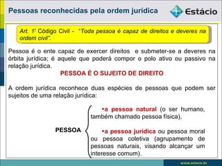 Pessoas reconhecidas pela ordem jurídica

   Art. 1º Código Civil - “Toda pessoa é capaz de direitos e deveres na
   ordem civil”.

Pessoa é o ente capaz de exercer direitos e submeter-se a deveres na
órbita jurídica; é aquele que poderá compor o polo ativo ou passivo na
relação jurídica.
                    PESSOA É O SUJEITO DE DIREITO

A ordem jurídica reconhece duas espécies de pessoas que podem ser
sujeitos de uma relação jurídica:

                               •a pessoa natural (o ser humano,
                            também chamado pessoa física),

                PESSOA          •a pessoa jurídica ou pessoa moral
                            ou pessoa coletiva (agrupamento de
                            pessoas naturais, visando alcançar um
                            interesse comum).
 