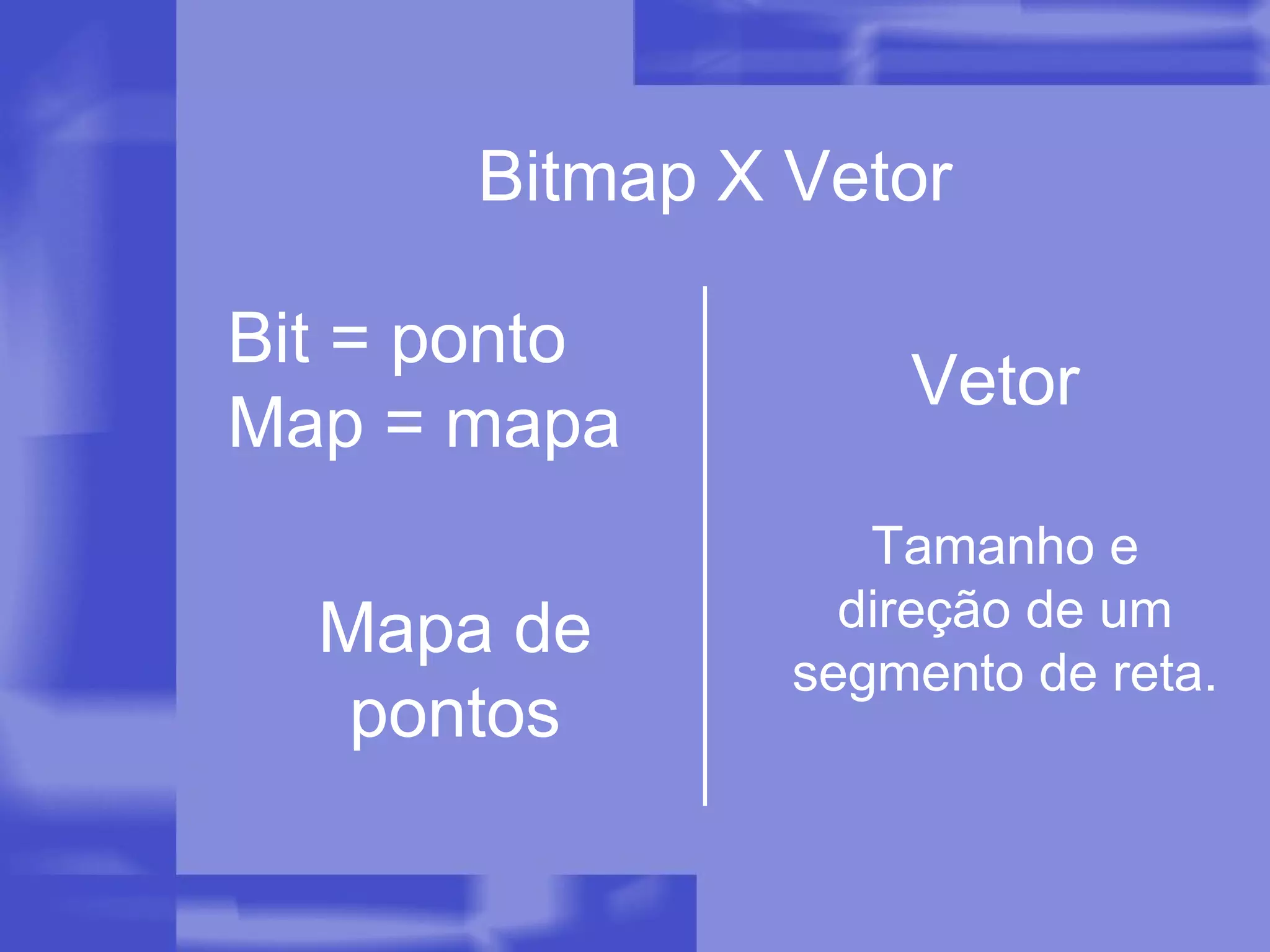 Bitmap X Vetor Bit = ponto Map = mapa Mapa de pontos Vetor Tamanho e direção de um segmento de reta. 
