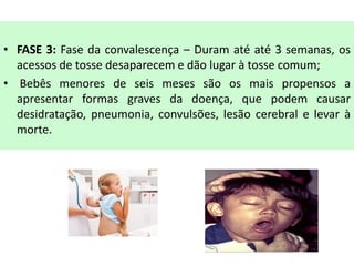 • FASE 3: Fase da convalescença – Duram até até 3 semanas, os
acessos de tosse desaparecem e dão lugar à tosse comum;
• Bebês menores de seis meses são os mais propensos a
apresentar formas graves da doença, que podem causar
desidratação, pneumonia, convulsões, lesão cerebral e levar à
morte.
 