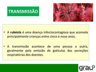 • A rubéola é uma doença infectocontagiosa que acomete
principalmente crianças entre cinco e nove anos.
• A transmissão acontece de uma pessoa a outra,
geralmente pela emissão de gotículas das secreções
respiratórias dos doentes.
TRANSMISSÃO
 