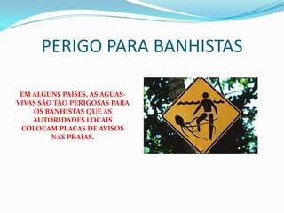 PERIGO PARA BANHISTAS

 EM ALGUNS PAÍSES, AS ÁGUAS-
VIVAS SÃO TÃO PERIGOSAS PARA
    OS BANHISTAS QUE AS
    AUTORIDADES LOCAIS
 COLOCAM PLACAS DE AVISOS
         NAS PRAIAS.
 
