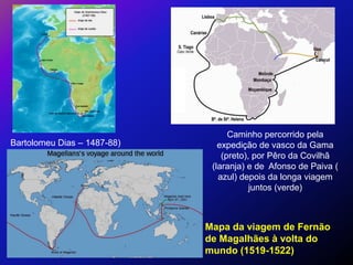 Caminho percorrido pela
Bartolomeu Dias – 1487-88)      expedição de vasco da Gama
                                 (preto), por Pêro da Covilhã
                              (laranja) e de Afonso de Paiva (
                                azul) depois da longa viagem
                                         juntos (verde)



                             Mapa da viagem de Fernão
                             de Magalhães à volta do
                             mundo (1519-1522)
 