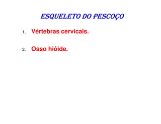 ESQUELETO DO PESCOÇO
1.   Vértebras cervicais.

2.   Osso hióide.
 