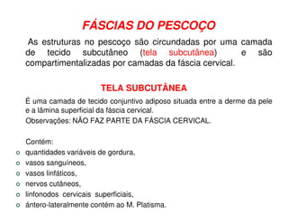 FÁSCIAS DO PESCOÇO
 As estruturas no pescoço são circundadas por uma camada
de tecido subcutâneo (tela subcutânea)               e são
compartimentalizadas por camadas da fáscia cervical.

                      TELA SUBCUTÂNEA
É uma camada de tecido conjuntivo adiposo situada entre a derme da pele
e a lâmina superficial da fáscia cervical.
Observações: NÃO FAZ PARTE DA FÁSCIA CERVICAL.

Contém:
quantidades variáveis de gordura,
vasos sanguíneos,
vasos linfáticos,
nervos cutâneos,
linfonodos cervicais superficiais,
ántero-lateralmente contém ao M. Platisma.
 