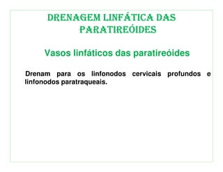 DRENAGEM LINFÁTICA DAS
          PARATIREÓIDES

    Vasos linfáticos das paratireóides

Drenam para os linfonodos cervicais profundos e
linfonodos paratraqueais.
 