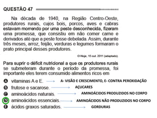 GORDURAS
AMINOÁCIDOS PRODUZIDOS NO CORPO
AMINOÁCIDOS NÃO PRODUZIDOS NO CORPO
AÇUCARES
A- VISÃO E CRESCIMENTO, E- CONTRA PEROXIDAÇÃO
 
