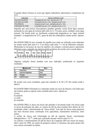 O quadro abaixo fornece as cores que alguns indicadores apresentam à temperatura de
25°C




Suponha que uma pessoa inescrupulosa guardou garrafas vazias dessa água mineral,
enchendo-as com água de torneira (pH entre 6,5 e 7,5) para serem vendidas como água
mineral. Tal fraude pode ser facilmente comprovada pingando-se na “água mineral
fraudada”, à temperatura de 25°C, gotas de dois dos indicadores citados acima. Aponte-
os:

04) (ENEM 2000) O suco extraído do repolho roxo pode ser utilizado como indicador
do caráter ácido (pH entre 0 e 7) ou básico (pH entre 7 e 14) de diferentes soluções.
Misturando-se um pouco de suco de repolho e da solução, a mistura passa a apresentar
diferentes cores, segundo sua natureza ácida ou básica, de acordo com a escala abaixo.




Algumas soluções foram testadas com esse indicador, produzindo os seguintes
resultados:




De acordo com esses resultados, quais das soluções I, II, III e IV têm caráter ácido e
básico?

05) (ENEM 2000) Utilizando-se o indicador citado em sucos de abacaxi e de limão (que
são ácidos), pode-se esperar como resultado duas cores. Aponte-as:
a) rosa.
b) amarelo.
c) verde.
d) vermelho.

06) (ENEM 2002) A chuva em locais não poluídos é levemente ácida. Em locais onde
os níveis de poluição são altos, os valores do pH da chuva podem ficar abaixo de 5,5,
recebendo, então, a denominação de “chuva ácida”. Este tipo de chuva causa prejuízos
nas mais diversas áreas: construção civil, agricultura, monumentos históricos, entre
outras.
A acidez da chuva está relacionada ao pH da seguinte forma: concentração
hidrogeniônica = 10–pH, sendo que o pH pode assumir valores entre 0 e 14.
Ao realizar o monitoramento do pH da chuva de Campinas (SP) nos meses de março,
abril e maio de 1998, um centro de pesquisa coletou 21 amostras, das quais quatro têm
seus valores mostrados na tabela:
 