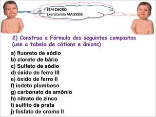 SEM CHORO
Exercitando MAISSSSS
2) Construa a Fórmula dos seguintes compostos
(use a tabela de cátions e ânions)
a) fluoreto de sódio
b) cloreto de bário
c) Sulfeto de sódio
d) óxido de ferro III
e) óxido de ferro II
f) iodeto plumboso
g) carbonato de amônio
h) nitrato de zinco
i) sulfito de prata
j) fosfato de cromo II
 