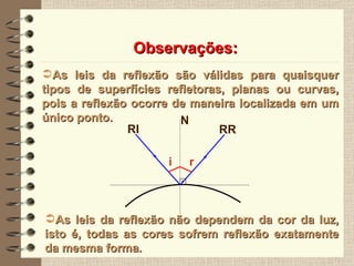 Observações: As leis da reflexão são válidas para quaisquer tipos de superfícies refletoras, planas ou curvas, pois a reflexão ocorre de maneira localizada em um único ponto. As leis da reflexão não dependem da cor da luz, isto é, todas as cores sofrem reflexão exatamente da mesma forma. RI N i RR r 
