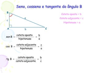 Seno, cosseno e tangente do ângulo B
A
B
C
c
b
a
a
b
hipotenusa
opostocateto
Bsen ==
a
c
hipotenusa
adjacentecateto
Bcos ==
c
b
adjacentecateto
opostocateto
Btg ==
Cateto oposto = b
Cateto adjacente = c
Hipotenusa = a
 