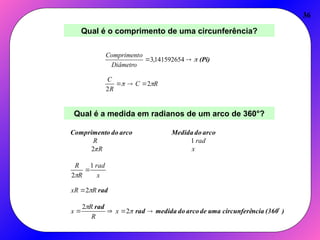 36
Qual é o comprimento de uma circunferência?
R
C
R
C
Diâmetro
o
Compriment



2
2
141592654
,
3




 (Pi)
Qual é a medida em radianos de um arco de 360°?
)
(360
ncia
circunferê
uma
de
arco
do
medida
rad
rad
rad
arco
do
Medida
arco
do
o
Compriment











2
2
2
1
2
2
1
x
R
R
x
R
xR
x
rad
R
R
x
πR
rad
R
 