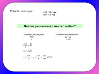 37
Quantos graus mede um arco de 1 radiano?
rad
rad






180
2
360
Portanto, temos que:













3
57
14
,
3
180
180
2
360
360
2
1
2
360
1
2
º
360
,
x
π
x
x
π
x
rad
x
rad
π
radianos
em
arco
do
Medida
graus
em
arco
do
Medida


 