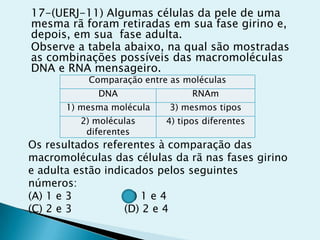 17-(UERJ-11) Algumas células da pele de uma
mesma rã foram retiradas em sua fase girino e,
depois, em sua fase adulta.
Observe a tabela abaixo, na qual são mostradas
as combinações possíveis das macromoléculas
DNA e RNA mensageiro.
Comparação entre as moléculas
DNA RNAm
1) mesma molécula 3) mesmos tipos
2) moléculas
diferentes
4) tipos diferentes
Os resultados referentes à comparação das
macromoléculas das células da rã nas fases girino
e adulta estão indicados pelos seguintes
números:
(A) 1 e 3 (B) 1 e 4
(C) 2 e 3 (D) 2 e 4
 