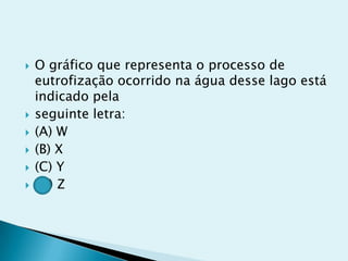  O gráfico que representa o processo de
eutrofização ocorrido na água desse lago está
indicado pela
 seguinte letra:
 (A) W
 (B) X
 (C) Y
 (D) Z
 
