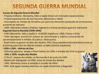 SEGUNDA GUERRA MUNDIALCausas da Segunda Guerra Mundial  - Projetos militares: Alemanha, Itália e Japão (Eixo) com intenções expansionistas- Projeto expansionista do nazi-fascismo (Alemanha e Itália)- Desrespeito ao Tratado de Versalhes por parte da Alemanha (produção de armamentos, aumento do exército)- 1939: Alemanha invade a Polônia: Inglaterra e França declaram guerra à Alemanha  Segunda Guerra Mundial (1939-1945)  - EIXO (Alemanha, Itália e Japão) x  ALIADOS (Inglaterra, URSS, França e EUA)- Hitler persegue, prende em campos de concentração e ordena o assassinato deaproximadamente 6milhões de judeus ( Holocausto).- Brasil entra na guerra ao lado dos Aliados: FEB ( força expedicionária Brasileira) envia os pracinhas para lutar em Monte Castelo na Itália (vitórias brasileiras) -1939 a 1941 : vitórias do Eixo  - Ofensiva japonesa: ataque a PearlHarbor em 1941 e entrada dos EUA na guerra- 1941 a 1945: reação dos Aliados- O Dia D : ataque dos aliados na Normandia 6 de junho de 1944- Batalha de Stalingrado na URSS: início da virada dos Aliados - 1945: Alemanha assina a rendição e suicídio de Hitler-1945: EUA jogam bombas Atômicas no Japão (Hiroshima e Nagasaki) 