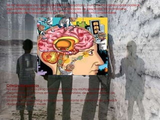 Se ha observado una cierta prevalencia hereditaria, si uno de los padres padre padece esquizofrenia el hijo tiene un 12% de posibilidades de desarrollar dicho trastornoLas causas de la esquizofrenia son tanto bioquímicas como ambientales.Criterios diagnósticosNo existe un cuadro clínico único, sino que hay múltiples síntomas característicos; síntomas emocionales, cognitivos, de personalidad y de actividad motora.La sintomatología debe estar presentes durante al menos 1 mes y persistir durante al menos 6 meses.