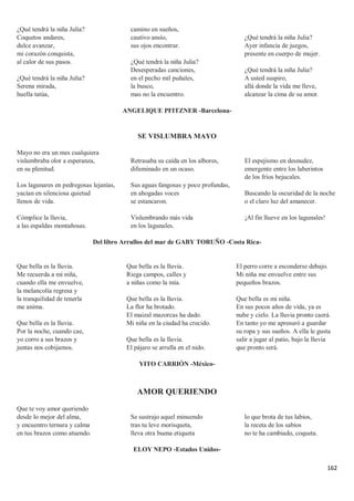 162
¿Qué tendrá la niña Julia?
Coquetos andares,
dulce avanzar,
mi corazón conquista,
al calor de sus pasos.
¿Qué tendrá la niña Julia?
Serena mirada,
huella tatúa,
camino en sueños,
cautivo ansío,
sus ojos encontrar.
¿Qué tendrá la niña Julia?
Desesperadas canciones,
en el pecho mil puñales,
la busco,
mas no la encuentro.
¿Qué tendrá la niña Julia?
Ayer infancia de juegos,
presente en cuerpo de mujer.
¿Qué tendrá la niña Julia?
A usted suspiro,
allá donde la vida me lleve,
alcanzar la cima de su amor.
ANGELIQUE PFITZNER -Barcelona-
SE VISLUMBRA MAYO
Mayo no era un mes cualquiera
vislumbraba olor a esperanza,
en su plenitud.
Los lagunares en pedregosas lejanías,
yacían en silenciosa quietud
llenos de vida.
Cómplice la lluvia,
a las espaldas montañosas.
Retrasaba su caída en los albores,
difuminado en un ocaso.
Sus aguas fangosas y poco profundas,
en ahogadas voces
se estancaron.
Vislumbrando más vida
en los lagunales.
El espejismo en desnudez,
emergente entre los laberintos
de los fríos bejucales.
Buscando la oscuridad de la noche
o el claro luz del amanecer.
¡Al fin llueve en los lagunales!
Del libro Arrullos del mar de GABY TORUÑO -Costa Rica-
Que bella es la lluvia.
Me recuerda a mi niña,
cuando ella me envuelve,
la melancolía regresa y
la tranquilidad de tenerla
me anima.
Que bella es la lluvia.
Por la noche, cuando cae,
yo corro a sus brazos y
juntas nos cobijamos.
Que bella es la lluvia.
Riega campos, calles y
a niñas como la mía.
Que bella es la lluvia.
La flor ha brotado.
El maizal mazorcas ha dado.
Mi niña en la ciudad ha crecido.
Que bella es la lluvia.
El pájaro se arrulla en el nido.
El perro corre a esconderse debajo.
Mi niña me envuelve entre sus
pequeños brazos.
Que bella es mi niña.
En sus pocos años de vida, ya es
nube y cielo. La lluvia pronto caerá.
En tanto yo me apresuró a guardar
su ropa y sus sueños. A ella le gusta
salir a jugar al patio, bajo la lluvia
que pronto será.
YITO CARRIÓN -México-
AMOR QUERIENDO
Que te voy amor queriendo
desde lo mejor del alma,
y encuentro ternura y calma
en tus brazos como atuendo.
Se sustrajo aquel minuendo
tras tu leve morisqueta,
lleva otra buena etiqueta
lo que brota de tus labios,
la receta de los sabios
no te ha cambiado, coqueta.
ELOY NEPO -Estados Unidos-
 