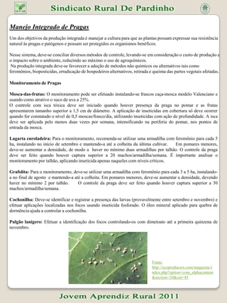 Plantio Direto SISTEMA PLANTIO DIRETOO Sistema Plantio Direto (SPD) é um sistema de manejo do solo onde a palha e os restos vegetais são deixados na superfície do solo. O solo é revolvido apenas no sulco onde são depositadas sementes e fertilizantes. As plantas infestantes são controladas por herbicidas. Não existe preparo do solo além da mobilização no sulco de plantio.Reduzir a erosão, melhorar as condições físicas e de fertilidade do solo, aumentar o teor de matéria orgânica, nutrientes e água armazenada no solo e diminuir o consumo de combustíveis com a manutenção da produtividade das culturas indicam o SPD como o sistema para alcançar a sustentabilidade da agricultura, com redução dos impactos ambientais. VANTAGENS AGRONÔMICAS- Controle da erosão. Aumento da água armazenada no solo.- Redução da oscilação térmica.- Aumento da atividade biológica.- Aumento dos teores da matéria orgânica.- Melhoria da estrutura do solo. CONTROLE DA EROSÃOO SPD é um sistema de manejo muito eficiente no controle da erosão. A palha sobre a superfície protege o solo contra o impacto das gotas de chuva, reduzindo a desagregação e o selamento da superfície, garantindo maior infiltração de água e menor arraste de terra. As perdas de nutrientes, proporcionais às perdas de terra e água, são também menores no SPD. Considerando a área ocupada por culturas anuais no Estado de São Paulo, cerca de 2.800.000 ha, calcula-se que, sob sistemas convencionais de cultivo, seriam perdidas, anualmente, 33 milhões de toneladas de terra e 4 3 bilhões de m de água na forma de enxurrada. Em SPD essas perdas anuais seriam reduzidas significativamente.TEMPERATURA E UMIDADE DO SOLOO SPD se beneficia com a cobertura do solo pela palha e com a pouca mobilização da superfície. 