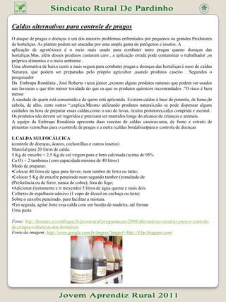 BIOFERTILIZANTES LÍQUIDOSO biofertilizante líquido pode promover um perfeito estado nutricional ao vegetal, uma maior resistência e/ou tolerância a fitomoléstias, um efeito estimulador e fitohormonal, um efeito repelente e controlador de insetos-pragas fitófagos, um maior equilíbrio entre o vegetal e o ecossistema, e principalmente, não agride ao homem e nem aos animais domésticos e silvestres. Por não possuir qualquer tipo de resíduos tóxicos e contaminantes, tornando-se uma alternativa viável e acessível para uma alimentação mais saudável.O Biofertilizante Líquido foi desenvolvido por técnicos da EMATER-RIO e tem a finalidade de apresentar uma alternativa viável ao homem do campo, dando-lhe condições de produzir alimentos mais sadios, isentos de agrotóxicos e sem contaminar o meio ambiente, mantendo-se viável a qualidade de água e solo. A forma de obtenção é simples e barata. Basta fermentar esterco fresco e urina, provenientes de animais ruminantes (bovinos, caprinos ou ovinos), em sistema fechado, com ausência de ar (anaeróbico ou metanogênico), de preferência oriundo de gado bovino leiteiro que possua uma alimentação mais balanceada e rica, aumentando a qualidade do produto. O esterco e a urina são misturados em partes iguais com água pura, não clorada, e colocados em uma bombona plástica (200 litros), deixando-se um espaço vazio de 15 a 20 centímetros no seu interior, que servirá como câmara de acúmulo de gás metano. Na dificuldade de se obter a urina, pode-se substitui-la por água, ficando a mistura na proporção A bombona é fechada hermeticamente e adapta-se à sua tampa uma mangueira plástica fina. A outra extremidade da mangueira é mergulhada em uma garrafa com água (selo d'água) para permitir a saída do gás metano produzido no sistema e evitar a entrada do oxigênio, o que alteraria o processo fermentativo e a qualidade final do produto. A fermentação terá a duração de três a quatro semanas, dependendo da faixa de temperatura ambiente, sendo que em período de inverno esta fermentação poderá necessitar de mais uma semana para se completar. O material, após ser devidamente fermentado, deverá ser diluído em água, nas devidas concentrações de utilização, deixar decantar e coar em tela fina, e logo em seguida ser aplicado na lavoura, não devendo ser armazenado após sua diluição. Poderá também ser armazenado por um período de 30 a 60 dias, desde que permaneça dentro da bombona, no sistema fermentativo, não devendo ultrapassar muito este prazo, o que poderá reduzir a sua qualidade e propriedades O biofertilizante líquido pode ser utilizado de diversas  maneiras,  sendo  que o método mais eficiente é a aplicação de pulverizações foliares,  as  quais promovem um efeito mais rápido.   Nas pulverizações, o  produto deverá cobrir totalmente as folhas e ramos  das  plantas, chegando  ao  ponto de escorrimento, para um maior contato do produto com a planta. O efeito nutricional é obtido a partir das concentrações mais baixas (5% a 10%), para a obtenção de efeitos fungistático e bacteriostático deverão ser aplicado em concentrações mais elevadas (10% a 20%).  Em olericultura, em lavouras de ciclo curto, recomenda-se a aplicação semanal, em lavouras de ciclo médio, até seis meses, as aplicações deverão ser semanal ou quinzenal, e em lavouras de ciclo longo, até um ano, as aplicações poderão ser quinzenal ou mensal.  Fonte: http://upload.wikimedia.org/