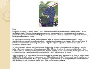    Uvas
   Originada da Europa e Oriente Médio, a uva é um fruto da videira. Seu nome científico é Vitis vinifera L. e sua
    família botânica é a Vitaceae. A videira apresenta troncos retorcidos e flores esverdeadas, sendo uma planta
    própria de regiões de clima temperado. Registros apontam que o cultivo da uva se iniciou no período Neolítico,
    na região do Egito e Ásia Menor.
    As uvas proporcionam um grande benefício à saúde. Além de ser uma fruta altamente energética, certas
    substâncias presentes na fruta ajudam a reduzir a pressão sanguínea através da dilatação das artérias. O suco da
    fruta também combate a acidez sanguínea, auxilia a digestão e possui capacidade desintoxicante, além de
    combater o envelhecimento.
    As uvas podem ser divididas em quatro grupos. Uvas rústicas de mesa, como Niagara Branca, Niagara Rosada,
    Isabel e Concord, possuem um ciclo de cultivo de 135 a 155 dias. Uvas finas de mesa, como Itália, Rubi e Red
    Globe, que são as mais consumidas naturalmente. Existem também as uvas sem sementes, muito apreciadas para
    o consumo natural, e aquelas especialmente destinadas à fabricação industrial de vinhos.
    Além da fabricação de vinho, a fruta é utilizada para se fazer sucos e geléia. A fabricação do vinho se iniciou desde
    6000 a.C. No Brasil, o cultivo da uva começou em 1535 na Capitania de São Vicente, tendo grande impulso com a
    imigração italiana nos Estados de São Paulo e da região sul. Atualmente, os maiores produtores da fruta no Brasil
    são: São Paulo, Paraná, Rio Grande do Sul, Santa Catarina, Pernambuco e Bahia.
 