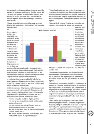 als continguts en línia que cada professor proposi. Es                 Pel que fa a la valoració que en fan els implicats en
tracta d’un ordinador de la marca Toshiba, model NB-                   el projecte, les opinions són diverses. La majoria del
250, amb una pantalla de 10 polzades. La seva mida                     professorat que hi participa està satisfet, malgrat les
reduïda en facilita el trasllat dins i fora del centre,                dificultats inicials, d’alguns aspectes de la posada en
però de vegades resulta difícil de llegir i complicat                  marxa del programa, sobretot de l’ús de les pissarres
d’estudiar-hi.                                                         digitals.
El Departament d’Ensenyament ha pagat la meitat                        L’alumnat de 1r cicle de l’institut va respondre una
del cost dels ordinadors i l’altra meitat l’han hagut de               enquesta els resultats de la qual són, en alguns
pagar les famí-                                                                                                   aspectes, força
lies.                                               T'agrada el programa EduCAT1x1?                               sorprenents:
A més, algunes         35
                                                                                                                  En principi,
famílies han                                                                                                      la major part
                                                                                  30
instal·lat la con-     30
                                                                                                                  (un 88%) dels
nexió ADSL a casa                                                                                                 alumnes que
per tal de facilitar 25                                                                                           fan el progra-
la feina als seus                       22
                                                                                                                  ma EduCAT1x1
fills i filles. La     20        19
                                                                                                          Molt
                                                                                                                  disposen de
majoria, però, ja                                                                                         Regular connexió ADSL
en disposaven.                                                                                                    a casa seva,
                                                                                                          Poc
                       15
                                                                                            13            Gens

Per tal de man-                                                                                                   i manifesten
tenir informades       10                                                                                         que el procés
les famílies de                                                            6                                      d’adaptació als
l’alumnat sobre         5
                                                  3      3                                      3
                                                                                                                  nous mètodes
el funcionament                                                                                                   de treball de
de les classes          0                                                                                         l’aula digital no
                                           1r ESO                                    2n ESO

del programa, es                                                                                                  ha estat massa
van fer diverses                                                                                                  complicat: gens
sessions informatives adreçades als pares i mares                      difícil per a un 32% dels enquestats i poc difícil per a
per tal d’explicar-los en què consisteix l’aplicació del               un altre 41%.
programa, com treballen els seus fills i filles en les                 Pel que fa als llibres digitals, una lleugera majoria
matèries implicades i per resoldre tots aquells dubtes                 prefereixen els llibres de text tradicionals en pa-
i inquietuds que alguns havien manifestat.                             per als llibres de text digitals (el 43% prefereix els
La implantació del programa EduCAT1x1 s’ha fet                         de sempre davant del 34% que prefereix els llibres
progressivament. Es va començar el curs passat amb                     digitals).
el 1r d’ESO i aquest curs ja es fa a tot el 1r cicle, però             Quan valoren el programa EduCAT1x1 globalment, la
només en algunes assignatures.                                         majoria de l’alumnat manifesta un grau de satisfacció
Amb la implantació del projecte, no han desaparegut                    regular (un 53%) i un 25% opina que li agrada molt. Si
completament els estris habituals (llibre de text, lli-                desglossem aquests percentatges per cursos, sorprèn
bretes, pissarra tradicional, etc.), però s’han ampliat                una mica que els alumnes menys contents amb el
enormement les possibilitats i recursos que tant                       programa són els de 2n curs, que ja van començar a
professorat com alumnat tenen al seu abast:                            treballar en el programa EduCAT1x1 a finals del curs
                                                                       passat.
     •poden consultar els llibres digitals en línia
     •es pot fer una cerca d’informació a Internet en                  Estava previst que el programa EduCAT1x1 s’anés
     qualsevol moment                                                  estenent progressivament a la resta d’assignatures i
     •es pot mostrar una animació que il·lustri un                     de cursos, i tingués continuïtat en el futur. En aquests
     determinat concepte o un fenomen                                  moments, amb la greu crisi econòmica que ens
     •es pot accedir a tot tipus de material multimèdia                afecta i les retallades pressupostàries endegades pel
     (àudios, vídeos, etc.)                                            Departament d’Ensenyament, és una incògnita com
     •es poden resoldre activitats d’una manera inte-                  es desenvoluparà aquest programa d’ara endavant.
     ractiva amb l’ajuda de la pissarra digital…



                                                                                                                                      9
 