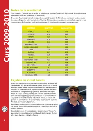 Notes de la selectivitat
Curs 2009-2010
                 Com cada curs, l’alumnat que va acabar el Batxillerat el juny de 2010 va tenir l’oportunitat de presentar-se a
                 les Proves d’Accés a la Universitat (la Selectivitat).
                 El nombre d’alumnes presentats en aquesta convocatòria va ser de 26 i tots van aconseguir aprovar aques-
                 tes proves. En gairebé totes les matèries, l’alumnat del nostre centre va obtenir uns resultats superiors a les
                 notes mitjanes. En la següent taula, podeu observar els resultats obtinguts pels nostres alumnes:


                                        MATÈRIA                    INSTITUT                CATALUNYA
                                          CATALÀ                       5,73                     5,75
                                         CASTELLÀ                      6,98                     6,62
                                         HISTÒRIA                      7,58                      6,3
                                       FILOSOFIA                       5,78                     5,64
                                        ANGLÈS                         6,38                     5,83
                                     MATEMÀTIQUES                        7                      5,57
                                    MATEM. APLICADES                   5,11                     5,01
                                         FÍSICA                         5,5                     5,35
                                        QUÍMICA                        6,25                     5,92
                                         BIOLOGIA                      7,25                     6,65
                                           LLATÍ                       5,75                     5,78
                                     HISTÒRIA DE L'ART                 4,83                     6,03
                                       DIBUIX TÈCNIC                   7,25                     6,04
                                        CIEN. TERRA                     6,2                     6,26
                                    TECNO. INDUSTRIAL                    8                      7,15
                                        GEOGRAFIA                      6,63                     5,92
                                        A. MUSICAL                      6,5                     5,15
                                     ECONOMIA I ORG.                    8,5                     6,95


                 Es jubila en Vicent Loscos
                 A final de curs passat, es va jubilar en Vicent Loscos, professor del
                 Departament de Ciències Naturals del nostre institut. En Vicent va
                 arribar al nostre centre l’any 1979, després d’una breu estada a la
                 indústria i d’haver fet classes alguns cursos als Maristes de Lleida i
                 a l’institut de Tàrrega-Bellpuig-Agramunt. En Vicent, com a pro-
                 fessor de Física i Química, va impulsar l’ús dels respectius labora-
                 toris com a eines pedagògiques i va impulsar-ne la modernització
                 i la posada al dia amb material actualitzat. A més, va ser un dels
                 pioners en la introducció de la informàtica al centre amb els mítics
                 Amstrad, Commodore, Spectrum...
                 També va ocupar durant sis cursos acadèmics el càrrec de secretari
                 del centre, durant els quals van produir-se canvis importants en el
                 sistema educatiu.
                 Després de més de 30 anys dedicats a la docència, en Vicenç s’ha
                 guanyat un merescut descans i podrà gaudir de temps per dedicar
                 a les seves diverses i múltiples aficions.


  2
 