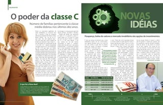 economia




              O poder da classe C
                                                Número de famílias pertencente à classe
                                                   média dobrou nos últimos dez anos.
                                                             Pensar no crescimento significativo da          de emprego e o enriquecimento geral dos
                                                             classe trabalhadora na economia local           setores primário, secundário e terciário.
                                                             traz a memória a frase da campanha                 “Metade das famílias que pertenciam
                                                             eleitoral do presidente dos Estados Unidos
                                                             Barack Obama: “Yes, we can do it!”,
                                                                                                             às classes D e E passaram a classe C.
                                                                                                             Quem estava na C foi para B e quem
                                                                                                                                                         Poupança, bolsa de valores e mercado imobiliário são opções de investimentos
                                                             quer dizer, “Sim, nós podemos fazer”.           era da B foi para A. Porém, o número
                                                             Dez anos atrás pelo menos metade das            de D e E era muito grande, e por            É claro que avanços econômicos para a classe       o ramo. Nossa dica como especialista sempre              diz que poupar dinheiro é sempre o melhor
                                                             famílias que pertencem hoje à classe C –        isso, resultou em um alto número            trabalhadora devem sim ser comemorados,            é comprar quando as ações estiverem baixas e             jeito de garantir o capital para qualquer tipo
                                                             que são famílias com renda familiar de R$       concentrado na classe C”, esclarece.        mas, segundo Romildo, esse é só o início de        esperar pela alta para vender. “Esse é um ramo           de investimento, seja ele mercado imobiliário,
                                                             2 mil a R$ 5 mil – estavam enquadradas          Diante dessa boa fase que o país passou     um novo cenário no país. Para se preparar          que necessita de paciência. Tem que pensar               bolsa de valores ou até mesmo na compra
                                                             nas classes sociais D e E, com rendimentos      financeiramente, o economista considera     diante das opções de ganhos e possíveis            sempre a longo prazo, porque muita gente                 de um bem material. “Na compra de um
                                                             de R$ 2 mil para baixo por família.             que a crise econômica mundial entre         imprevistos, o ideal para quem                                      com medo de perder dinheiro             carro, por exemplo, é preciso levar em conta
                                                             Segundo Romildo Raineri, economista e
                                                             secretário de desenvolvimento econômico
                                                                                                             os anos de 2008 e 2009 foi exatamente
                                                                                                             uma marolinha, como já havia sido
                                                                                                                                                         hoje tem a oportunidade de
                                                                                                                                                         poupar dinheiro é investir.        “                                acaba comprando e vendendo
                                                                                                                                                                                             A recomendação é sempre muito rápido desperdiçando
                                                                                                                                                                                                                                                                     valores das parcelas versus o juros, mais taxas
                                                                                                                                                                                                                                                                     de IPVA, documentação, seguro, gasolina. Ás
                                                             na cidade, este fato se deu inicialmente pela   apontada pelo ex-presidente da república.   “A recomendação é sempre que guardemos pelo menos boas oportunidades”, comenta.                             vezes a vontade é tanta de comprar o carro
                                                             implantação do Plano Real. “Foi o Plano Real    “A matemática é simples. Com maior          que guardemos pelo menos 10% do nosso salário. Nunca Já no mercado imobiliário,                             que o consumidor acaba se esquecendo
                                                                                                                                                         10% do nosso salário. Nunca         devemos gastar mais que         após o boom imobiliário os              dos detalhes e depois tem uma dor de
                                                             que estabilizou os salários das classes mais    poder de compra, mais a indústria vende.
                                                                                                                                                                                           90% dele. Essa é a primeira
                                                             baixas. Antes eles eram depreciados pela        E conseqüentemente compra mais dos          devemos gastar mais que 90%                                         investimentos na construção             cabeça desnecessária, por isso que é sempre
                                                                                                                                                                                            medida essencial para que
                                                             inflação, mas a partir de 1994, o brasileiro    produtores. São os setores primário,        dele. Essa é a primeira medida                                      civil têm trazido retorno certeiro      importantíssimo se planejar e poupar”, finaliza.
                                                                                                                                                                                          se possa pensar em retornos
                                                             passou a ter mais dinheiro em mãos              secundário e terciário em ação. Quem        essencial para que se possa                                         para vários investidores devido                               Romildo Raineri - Economista
                                                                                                                                                                                            futuros ou até mesmo para
                                                             podendo gastar e poupar mais”, explica.         estava desempregado conseguiu emprego       pensar em retornos futuros ou                                       à valorização dos imóveis. “Esse
                                                                                                                                                                                            atender uma e mergência,
                                                             Além disso, segundo Raineri, a partir           porque passaram a contratar mais.           até mesmo para atender uma                                          também é um ramo viável para
                                                                                                                                                                                                um imprevisto, diz.
                                                             disso, o governo brasileiro teve condições
                                                             de poupar mais dinheiro em caixa que o
                                                                                                             E a situação de todo mundo melhorou.
                                                                                                             A crise no Brasil foi aquilo que o Lula
                                                                                                                                                         emergência, um imprevisto”, diz.
                                                                                                                                                         Outros meios de investimentos                                  ”    quem tem dinheiro extra para
                                                                                                                                                                                                                             investir. Mas tudo deve ser
                                                             que pedia a receita, podendo atender            disse mesmo, uma marolinha perto do         que também são viáveis, de acordo com o            analisado antes de fazer qualquer negócio”, explica.
                                                             necessidades urgentes como a dívida externa     que sofreram outros países”, explica.       economista, é o mercado de bolsa de valores,       Segundo o economista, após esse crescimento
                                                             e também aumentar o poder de compra                                                         investindo em ações, e o mercado imobiliário,      considerável, o mercado imobiliário passa
                                                             das famílias de classes mais baixas, com                                                    na compra e venda de imóveis. “Hoje contamos       por uma fase de redução dos preços,
                                                             programas de bolsas-auxílio por exemplo,                                                    com empresas especializadas em bolsa de valores    consequentemente, o desaquecimento. A
                                                             consequentemente criando oportunidades                                                      que ajudam quem é interessado em entrar para       dica é aguardar esse período para investir
                                                                                                                                                                                                                     neste mercado. “É hora de pensar em
                                                                                                                                                                                                                     poupar antes de investir”, comenta.
                                                                                                                                                                                                                     Independente da escolha, o economista


                            O que foi o Plano Real?
                            O Plano Real foi um programa brasileiro que tinha o objetivo de
                            estabilizar a situação econômica do país. Essa medida lançou uma
                            nova moeda – o real – e controlou a hiperinflação que assolava
                            o país. Foi o plano econômico mais eficaz da história, reduzindo
                            a inflação, ampliando o poder de compra da população, e
                            remodelando os setores econômicos nacionais.
                                                                                                                                                                1999                          a                                      b                                         c                          1994

                                                                                                                                                                                período de equilíbrio das                 criação da unidade real              lançamento do padrão monetário
                                                                                                                                                                              contas públicas, com redução            de valor que preservou o poder           que tinha o nome Real, que é até
8   Revista Atual Marília                                                                                                                                                  de despesas e aumento das receitas           de compra da massa salarial,                  hoje a nossa moeda Revista Atual Marília       9
 