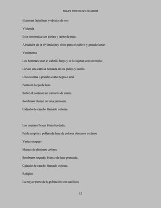 TRAJES TIPICOS DEL ECUADOR


Elaboran fachalinas y objetos de oro

Vivienda

Esta construida con piedra y techo de paja.

Alrededor de la vivienda hay sitios para el cultivo y ganado lanar.

Vestimenta

Los hombres usan el cabello largo y se lo sujetan con un moño.

Llevan una camisa bordada en los puños y cuello

Una cushma o poncho corto negro o azul

Pantalón largo de lana

Sobre el pantalón un zamarro de cuero.

Sombrero blanco de lana prensada.

Calzado de caucho llamado oshotas.




Las mujeres llevan blusa bordada,

Falda amplia o pollera de lana de colores obscuros o claros

Varias enaguas

Mantas de distintos colores.

Sombrero pequeño blanco de lana prensada.

Calzado de caucho llamado oshotas.

Religión

La mayor parte de la población son católicos


                                               12
 