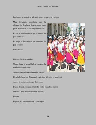 TRAJES TIPICOS DEL ECUADOR




Los hombres se dedican a la agricultura, en especial cultivan:

Maíz      (producto   importante    para    la
elaboración de platos típicos como: mote
pillo, mote sucio, la chicha y el motecillo).

Existe un matriarcado ya que el hombre no
pasa en la casa.

La mujer se dedica hacer los sombreros de
paja toquilla

Subsistencia




Hombre: ha desaparecido

Mujer: hasta la actualidad se conserva la
vestimenta consiste en:

Sombrero de paja toquilla ( color blanco)

El cabello largo con 2 trenzas (a cada lado del sobre el hombro.)

Aretes de plata o candongas de bronce.

Blusas de seda bordadas (parte del pecho bordado a mano)

Macana ( para el colocarse en la espalda)

Pollera

Zapatos de charol (con taco, color negro)




                                                 14
 