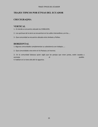 TRAJES TIPICOS DEL ECUADOR


TRAJES TIPICOS POR ETNIAS DEL ECUADOR


CRUCIGRAQMA


VERTICAL
1.- En donde se encuentra ubicado los CHIBULEOS.

2.- Los quichuas de la sierra se encuentran en los valles interandinos y en los…..

3.- Que comunidad se encuentra ubicado entre Ambato y Pelileo.


HORIZONTAL
1.-Algunas comunidades complementan su subsistencia con trabajos……

2.- Que comunidades vive entre el río Pastaza y el morona.

3.- En la comunidad Salasaca quien vigila que las parejas que viven juntas, estén casadas y
aconseja                                       al                                   pueblo.
4.-habitan en la rivera alta del río aguarico.




                                                 25
 