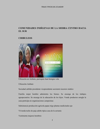 TRAJES TIPICOS DEL ECUADOR




COMUNIDADES INDÍGENAS DE LA SIERRA CENTRO HACIA
EL SUR


CHIBULEOS




Ubicación en Ambato, parroquia Juan benigno vela

Ubicación Ambato

Sociedad cabildo presidente vicepresidente secretario tesorero síndico

Familia mujer hombre administra los bienes. Se encarga de los trabajos
agropecuarios. Se encarga de la educación de los hijos. Vende productos arregla la
casa participa en organizaciones campesinas

Subsistencia producción agrícola papas trigo plantas medicinales ajo

Vivienda techo de paja adobe típica casa de la serranía

Vestimenta mujeres hombres

                                          2
 