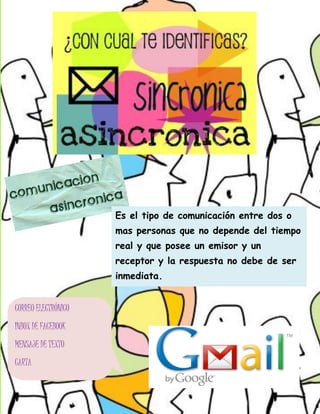 Es el tipo de comunicación entre dos o
                     mas personas que no depende del tiempo
                     real y que posee un emisor y un
                     receptor y la respuesta no debe de ser
                     inmediata.


CORREO ELECTRÓNICO
INBOX DE FACEBOOK
MENSAJE DE TEXTO
CARTA
 