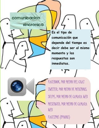 Es el tipo de
  comunicación que
  depende del tiempo es
  decir debe ser al mismo
  momento y las
  respuestas son
  inmediatas.




FACEBOOK: POR MEDIO DEL CHAT
TWITTER: POR MEDIO DE MENTIONS.
SKYPE: POR MEDIO DE CAMARA WEB
MESENGER: POR MEDIO DE CAMARA
WEB
FACETIME (IPHONE)
 