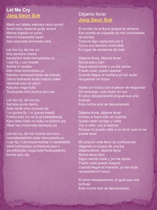 Let Me Cry
Jang Geun Suk                                  Déjame llorar
                                               Jang Geun Suk
Mado wo tataku sekirara rainy sound
Amai kioku kesenai guilty sound                El sonido de la lluvia golpea la ventana
Mienai togeba no youni                         Ese sonido es culpable de mis inolvidables
Kimi ni torawareta heart                       recuerdos
Isso wasurete shimaeta nara…                   Todavía sigo capturado por ti
                                               Como una sombra invencible
Let me cry, let me cry                         En lugar de olvidarme de todo
Ima wa kono mama
kanashimi daite nemurasete yo                  Déjame llorar, déjame llorar
I can fly, I can breath                        Ahora estoy bien
Ashita ni nareba                               Sigue siendo triste y ya me canse
kitto mirai torimodosu yo                      Puedo volar, puedo respirar
Sakebu narcissist kotae wa nakute              Cuando llegue el mañana yo sin duda
Odoru katharsis koda masuru dake               recuperare mi futuro
Hakanai awa no youni
Kieyuku noga koito                             Hable con todos con el placer de responder
Tsubuyaite miru konna yoru wa                  Sin embargo, solo recibí mi eco
                                               El amor desaparecerá al igual que una
Let me cry, let me cry                         burbuja
Semete yume demo,                              Esta noche solo se desvanecerá
Aitai nante mou omowa nai
I m gonna fly, I m gonna breath                Déjame llorar, déjame llorar
Fureru koto no nai ai ja babatakenai           Incluso si fuera solo en sueños
Kara Iittari kitari no boku no kokoro wa       Quiero estar contigo y verte
Hikari wo motomete samayou yo                  Voy a volar, voy a respirar
                                               Porque no puedo volar a un amor que no se
Let me cry, let me cryIma wa kono              puede tocar
mamakanashimi daite nemurasete yo
I can fly, I can breathAshita ni narebakitto   Mi corazón está lleno de confusiones
mirai torimodosu yoHakanai awa o               Vagando en busca de una luz
youniKieyuku noga koitoTsubuyaiteriru          Déjame llorar, déjame llorar
konna yuru wa                                  Ahora estoy bien
                                               Sigue siendo triste y ya me canse
                                               Puedo volar puedo respirar
                                               Cuando llegue el manaña, yo sin duda
                                               recuperare mi futuro

                                               El amor desaparecerá, al igual que una
                                               burbuja
                                               Esta noche solo se desvanecerá
 