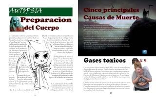 AUTOPSIA                                                                                       Cinco principales
                                                                                               AUTOPSIA
              Preparacion                                                                      Causas de Muerte
                    del Cuerpo
                                                                                               Nacer y crecer en países sin servicios sanitarios adecuados es peligro-
                                                                                               so, sentencia. No sorprende entonces que la octava y décima causa de
                                                                                               muerte en los países de ingresos bajos se relacionan con ello.
                                                                                               Pero tampoco hay que olvidar que todas las otras causas de muerte en
                                                                                               esos países afectan fuertemente a los niños.
1.- El examen externo consiste en la ins-   Desde la mitad, se corta en perpendicular          Lo otro que llama la atención al revisar la tabla es que el tan temido
pección y palpación del cadáver de la ca-    hacia abajo respetando el ombligo hasta           cáncer sólo aparece entre las 10 principales causas de muerte en los
beza a los pies. Lo realiza                       la sínfisis del pubis. A partir del tó-      países de altos ingresos... ¿es esto porque hay que vivir lo suficiente
el patólogo y el técnico                               rax se levanta un poco la pared         para poder adquirirlo?
debe asistirle ayudándo-                                     abdominal para no lesionar        “Exacto. En los países más pobres, la expectativa de vida es a veces
le en la movilización del                                      las vísceras abdominales.       de menos de 50 años, así que la probabilidad es que no vivan el tiempo
cadáver, en la anotación                                    Luego se corta a cada lado         necesario para desarrollar cáncer
de datos en el protocolo                                   transversalmente en la parte
de la autopsia              y                                      inferior del abdomen.
tener apunto el
material nece-                                               Si hay puntos de sutura o


                                                                                               Gases toxicos
sario para                                                   grapas no se deben quitar,
la recogi-
de mues-
                         da
                      tras.
                                                             medir el espesor del tejido
                                                              subcutáneo a la altura del
                                                                                                                                                                          #5
El pató-            logo se                                 ombligo y anotarlo, muestra
colocará          a la derecha                                del músculo recto anterior       Los accidentes caseros suelen multiplicar los casos de víctimas fatales
del              cadáver y el                                y piel en la incisión inicial y   durante los meses de invierno. Todos los años, el ministerio de Sa-
técnico         a la izquierda.                             se mete en botes identifica-       lud de la Nación advierte a la población que “anualmente se registran
                                                         dos con el nº del protocolo de        más de 1000 consultas por exposición a monóxido de carbono en los
2.- La        incisión de la piel                          autopsia del pariente; si sale      Centros de Información, Asesoramiento y Asistencia Toxicológica,
se pue-      de realizar de varias                    líquido del abdomen se toma una          muchos de ellos graves. Se calcula en más de 200 las muertes por esta
formas       pero las mas usadas                                                 muestra.      etiología, todas ellas prevenibles.”
son en T, en U invertida y en I. Lo
                                                                                               Existen muchas fuentes de producción de monóxido de carbono, tanto
realiza el técnico. En este caso se                     3.- La extracción de la parrilla       naturales como antropogénicas, es decir producidas por el hombre.
hará en T.                                              costal la realiza el técnico con       Entre las naturales se encuentran la oxidación del metano de la atmós-
                                                          el costótomo para cortar los         fera, las emisiones oceánicas, las producidas por los incendios foresta-
En T se realiza un corte de hom-                      cartílagos costales a 1cm. de las        les y también la de los volcanes.


                                   26
 