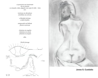 os possessivos me transtornam
                       elas me mentem
- as sensações, todas, afogadas num copo de vinho. - tinto.
                             seco.

                reticências me dão plurais
                 entrelinhas me escrevem.

                   a liberdade da forma
                     a idade da pedra:

                antepassados me habitam
                   futuros cicatrizam


                 - femininos me engolem
                  - femininos me vestem
                  - femininos me despem

                          além.


                     Nicola Gonzaga




                                                              Jones S. Custódio
 