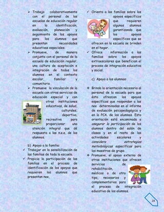  Trabaja      colaborativamente      Orienta a las familias sobre los
     con el personal de las                              apoyos específicos
     escuelas de educación regular                       que       requieren
     en       la      identificación,                    algunos     alumnos
     evaluación,     planeación     y                    garantizando que
     seguimiento de los apoyos                           los          apoyos
     para     los    alumnos     que                     específicos que se
     presentan           necesidades      ofrecen en la escuela se brinden
     educativas especiales.               en el hogar.
    Promueve,        de      manera     Ofrece       información a las
     conjunta con el personal de la       familias   sobre     los    apoyos
     escuela de educación regular,        extraescolares que benefician el
     una cultura de aceptación e          proceso de integración educativa
     integración de todos los             y social.
     alumnos en el contexto
     escolar,        familiar       y      c) Apoyo a los alumnos:
     comunitario
    Promueve la vinculación de la       Brinda la orientación necesaria al
     escuela con otros servicios de       personal de la escuela para que
     educación especial y con             ésta    ofrezcan     los   apoyos
               otras instituciones        específicos que respondan a las
               educativas, de salud,      nee determinadas en el informe
                          culturales,     de evaluación psicopedagógica y
                           deportiva,     en la PCA. de los alumnos. Esta
               recreativa       para      orientación está encaminada a
               proporcionar      una      asegurar la participación de los
     atención integral que dé             alumnos dentro del salón de
     respuesta a las n.e.e. de los        clases y en el resto de las
     alumnos.                             actividades      escolares       y
                                           considera          estrategias
  b) Apoyo a la familia:                   metodológicas específicas para
 Trabajar en la sensibilización de       los maestros de grupo.
  las familias de toda la escuela.       Promueve, el apoyo externo de
 Propicia la participación de las        otras instituciones que ofrecen
  familias en el proceso de               servicios            de
  identificación de los apoyos que        rehabilitación,
  requieren los      alumnos     que      médicos o de otro
  presentan nee,                          tipo,   necesarios    y
                                          complementarios para
                                          el    proceso   de    integración
                                          educativa de los alumnos.

                                                                               24
 
