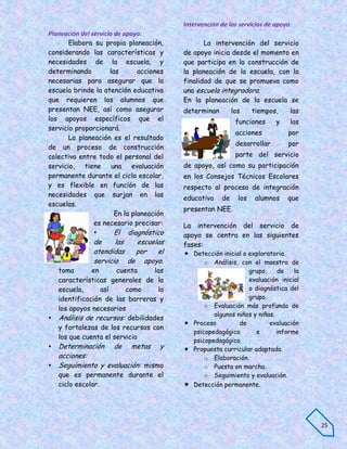 Intervención de los servicios de apoyo
Planeación del servicio de apoyo:
       Elabora su propia planeación,              La intervención del servicio
considerando las características y         de apoyo inicia desde el momento en
necesidades de la escuela, y               que participa en la construcción de
determinando          las       acciones   la planeación de la escuela, con la
necesarias para asegurar que la            finalidad de que se promueva como
escuela brinde la atención educativa       una escuela integradora.
que requieren los alumnos que              En la planeación de la escuela se
presentan NEE, así como asegurar           determinan        los     tiempos,       las
los apoyos específicos que el                                 funciones     y       las
servicio proporcionará.
                                                              acciones          por
       La planeación es el resultado
                                                              desarrollar       por
de un proceso de construcción
colectiva entre todo el personal del                          parte del servicio
servicio, tiene una evaluación             de apoyo, así como su participación
permanente durante el ciclo escolar,       en los Consejos Técnicos Escolares
y es flexible en función de las            respecto al proceso de integración
necesidades que surjan en las
                                           educativa    de     los    alumnos   que
escuelas.
                                           presentan NEE.
                        En la planeación
                es necesario precisar:     La intervención del servicio de
                       El diagnóstico     apoyo se centra en las siguientes
               de     las escuelas         fases:
               atendidas  por   el          Detección inicial o exploratoria.
               servicio de apoyo.                o Análisis, con el maestro de
    toma       en      cuenta      las                           grupo,    de    la
    características generales de la                              evaluación inicial
    escuela,      así     como      la                           o diagnóstica del
    identificación de las barreras y                             grupo.
    los apoyos necesarios                        o Evaluación más profunda de
                                                    algunos niños y niñas.
   Análisis de recursos: debilidades
                                            Proceso         de         evaluación
    y fortalezas de los recursos con
                                             psicopedagógica       e       informe
    los que cuenta el servicio
                                             psicopedagógico.
 Determinación de metas y                  Propuesta curricular adaptada.
  acciones:                                      o Elaboración.
 Seguimiento y evaluación: mismo                o Puesta en marcha.
    que es permanente durante el                 o Seguimiento y evaluación.
    ciclo escolar.                          Detección permanente.




                                                                                          25
 