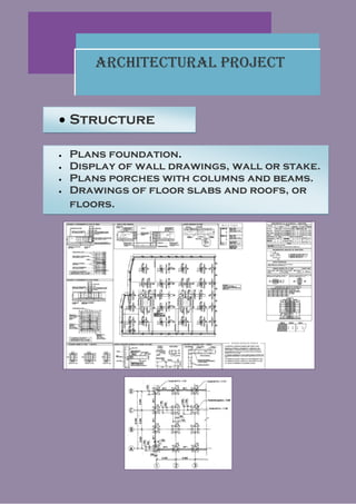Architectural Project


 Structure

   Plans foundation.
   Display of wall drawings, wall or stake.
   Plans porches with columns and beams.
   Drawings of floor slabs and roofs, or
    floors.
 