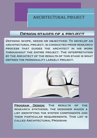 Architectural Project


        Design stages of a project
Defining scope, needs or objectives: To develop an
architectural project, is conducted prior research
process that guides the architect in his work
throughout the entire project. The interpretation
by the Architect of the results of this stage is what
defines the personality largely project.




     Program Design: The results of the
     research synthesis, the designer makes a
     list identifying the system components and
     their particular requirements. This list is
     called Architectural Program.
 