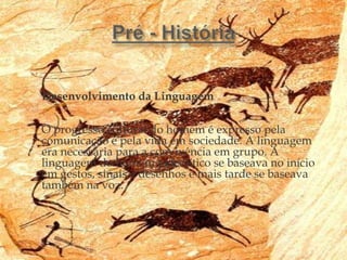 




    Desenvolvimento da Linguagem

    O progresso cultural do homem é expresso pela
    comunicação e pela vida em sociedade. A linguagem
    era necessária para a convivência em grupo. A
    linguagem do homem paleolítico se baseava no início
    em gestos, sinais e desenhos e mais tarde se baseava
    também na voz.



 