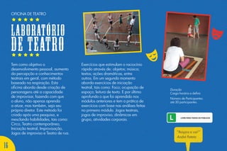 Tem como objetivo o
desenvolvimento pessoal, aumento
da percepção e conhecimentos
teatrais em geral, com método
baseado na respiração. Esta
oficina aborda desde criação de
personagens até a capacidade
de improvisar, fazendo com que
o aluno, não apenas aprenda
a atuar, mas também, seja seu
próprio diretor. Este método foi
criado após uma pesquisa, e
mesclando habilidades, tais como:
Circo, Teatro contemporâneo,
Iniciação teatral, Improvisação,
Jogos de improviso e Teatro de rua.
Exercícios que estimulam o raciocínio
rápido através de: objetos; música;
textos; ações dramáticas, entre
outros. Em um segundo momento
aborda exercícios de iniciação
teatral, tais como: Foco; ocupação de
espaço; leitura de texto. E por último
aprofunda o que foi aprendido nos
módulos anteriores e tem a prática de
exercícios com base nas análises feitas
no primeiro módulo. Jogos teatrais,
jogos de improviso, dinâmicas em
grupo, atividades corporais.
Duração
Carga horária a definir.
Número de Participantes:
até 30 participantes.
“Respira e vai!”
André Pateta
OFICINA DE TEATRO
LABORATÓRIO
DE TEATRO
16
 