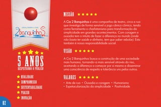 A Cia 2 Banquinhos é uma companhia de teatro, circo e rua
que investiga de forma sensível o jogo cênico cômico, tendo
como ferramenta o charlatanismo para transformação da
simplicidade em grandes acontecimentos. Com coragem e
ousadia tem o intuito de fazer a diferença no mundo (onde
não basta ter saúde e dinheiro, tem que saber rebolar). Esta
também é nossa responsabilidade social.
Missão
02
visão
valoresqualidade
compromisso
Sustentabilidade
Prazer
inovação
respeitando o público
5 anos A Cia 2 Banquinhos busca a construção de uma sociedade
mais humana, tornando-a mais sensível através do riso,
aceitando a diferença a começar por si mesmo e disseminar
uma consciência de respeito e tolerância uns pelos outros.
• Arte de rua • Ousadia e coragem • Humanismo
• Espetacularização da simplicidade • Positividade
 