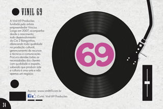 24
A Vinil 69 Produções
fundada pelo artista
empreendedor Vinicius
Longo em 2007, acompanha
desde o nascimento,
todo desenvolvimento
da Cia 2 Banquinhos,
oferecendo toda qualidade
na produção cultural,
gerenciamento de recursos
e técnicos e comunicação.
Procura atender todas as
necessidades dos clientes
com qualidade e respeito,
sabendo que produzir arte
e cultura é uma arte e não
apenas um negócio.
vinil 69
Acesse: www.vinil69.com.br
Curta: Vinil 69 Produções
 
